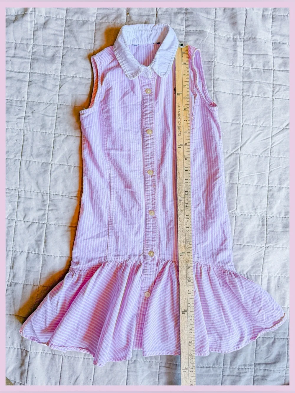 Polo Ralph Lauren Girls Pink White Stripe Drop Waist Ruffle Shirt Dress Size 5 6